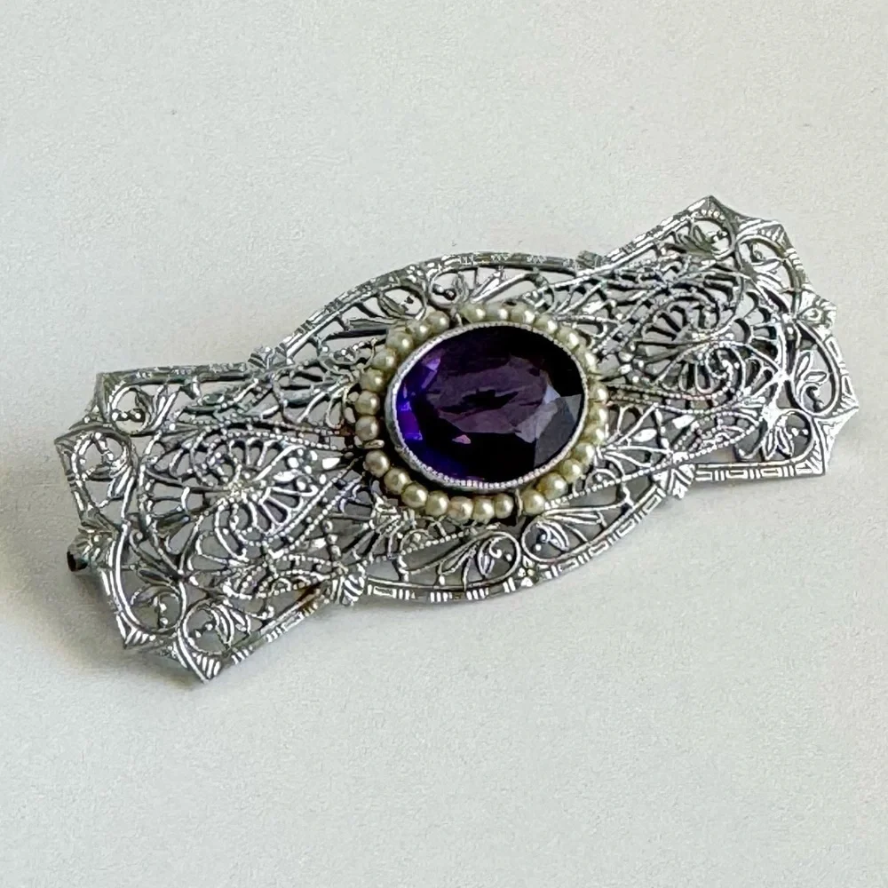 10K White Gold Filigree Brooch Amethyst Pearl Antique Ornate Pin Estate Piece‎
